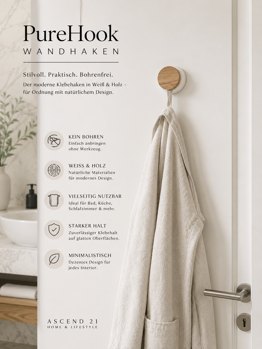 ASCEND 21 PureHook Türhaken Weiß & Holz – Moderner Türhänger ohne Bohren | Eleganter Kleiderhaken für Tür, Badezimmer & Schlafzimmer | Handtuchhalter für Bademantel im Scandi Design