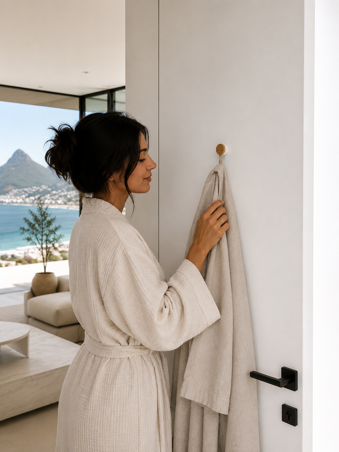 ASCEND 21 PureHook Türhaken Weiß & Holz – Moderner Türhänger ohne Bohren | Eleganter Kleiderhaken für Tür, Badezimmer & Schlafzimmer | Handtuchhalter für Bademantel im Scandi Design