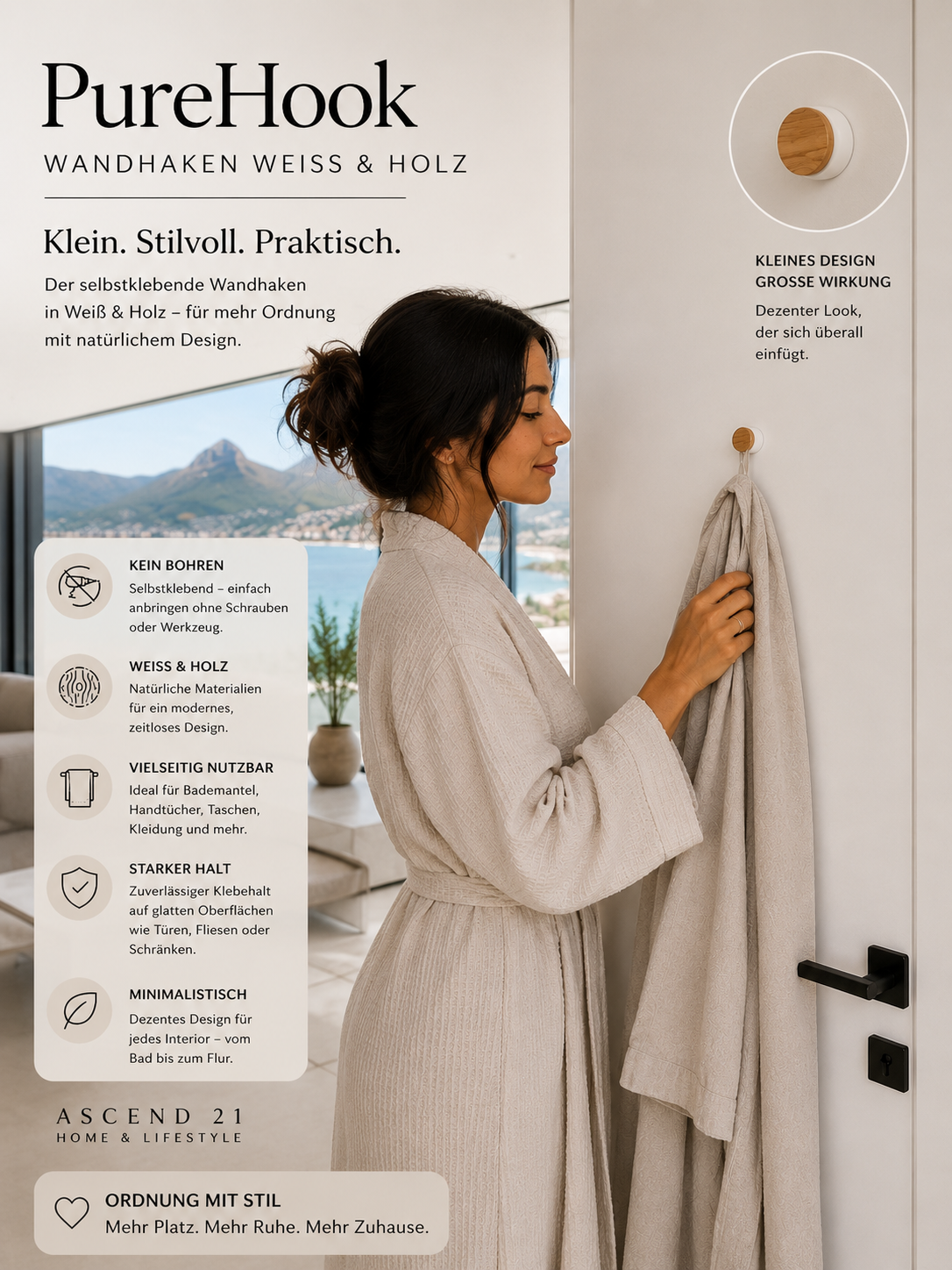 ASCEND 21 PureHook Türhaken Weiß & Holz – Moderner Türhänger ohne Bohren | Eleganter Kleiderhaken für Tür, Badezimmer & Schlafzimmer | Handtuchhalter für Bademantel im Scandi Design
