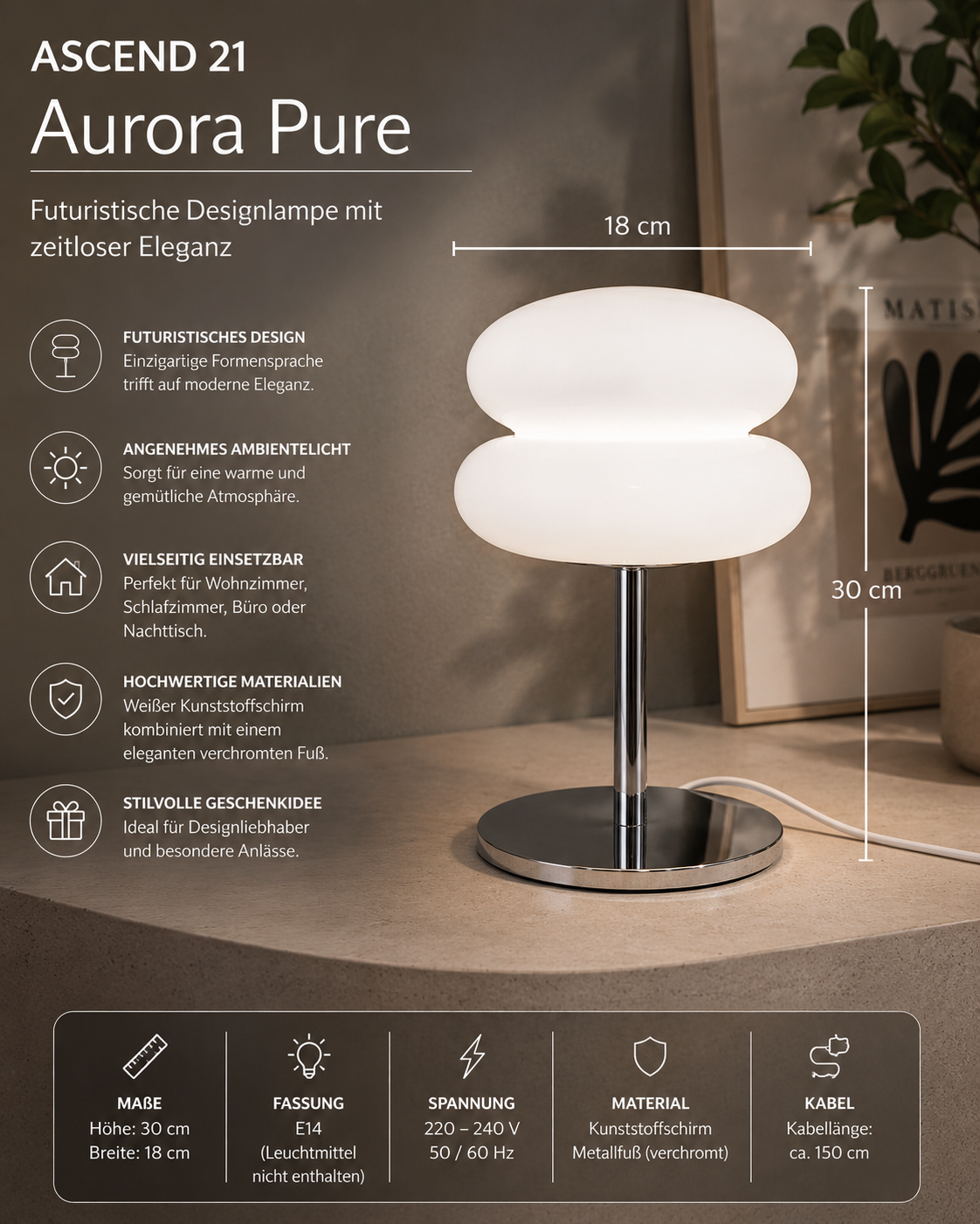 ASCEND 21 Aurora Pure – Futuristische LED Tischlampe mit weißem Lampenschirm, moderne Designlampe & Ambientelicht für Wohnzimmer, Schlafzimmer, Büro und Nachttisch