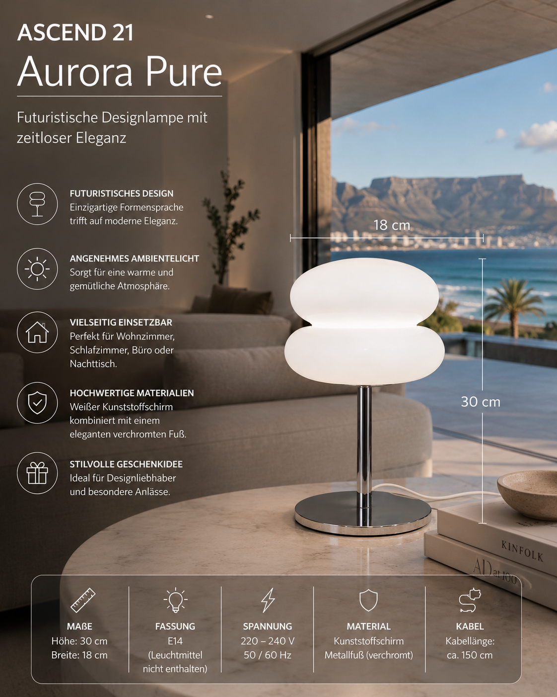 ASCEND 21 Aurora Pure – Futuristische LED Tischlampe mit weißem Lampenschirm, moderne Designlampe & Ambientelicht für Wohnzimmer, Schlafzimmer, Büro und Nachttisch