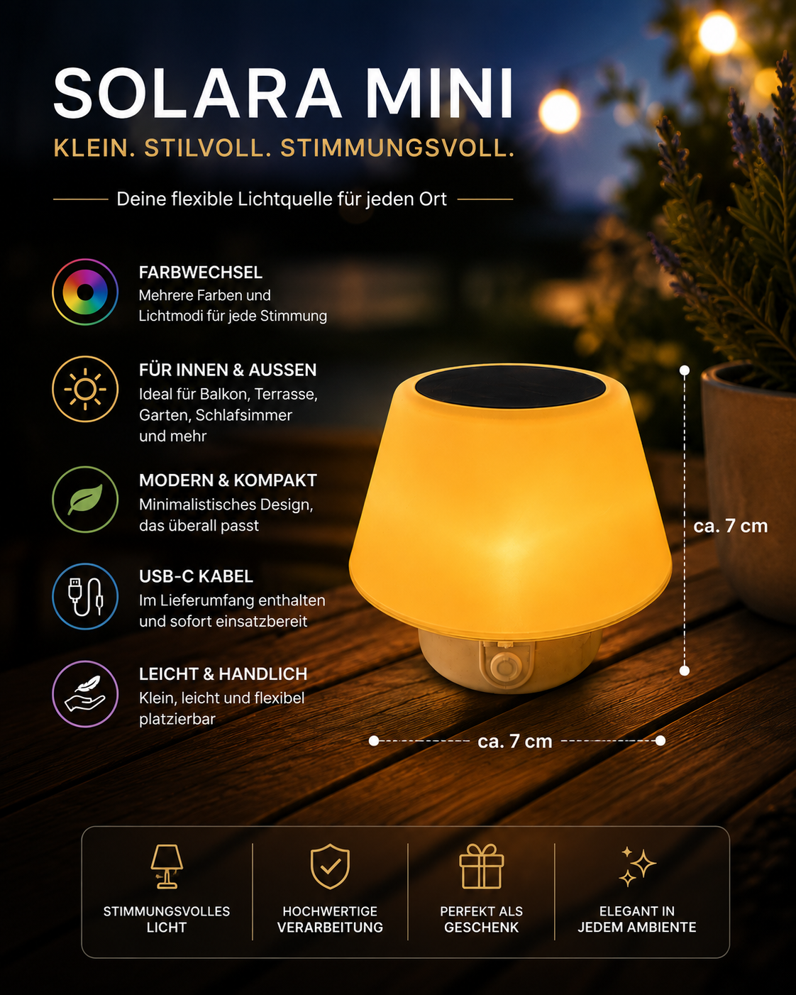 Solara Mini LED Solar-Tischlampe Weiß – Farbwechsel, USB-C-Kabel inklusive, Moderne Outdoor- & Indoor-Leuchte für Balkon, Terrasse, Garten und Schlafzimmer