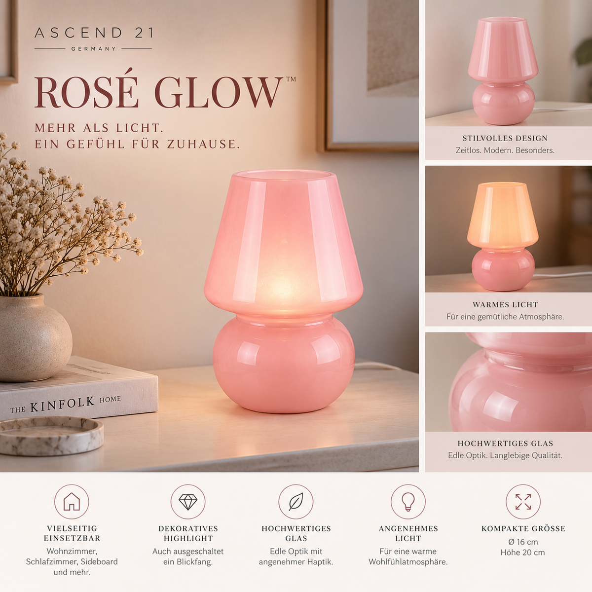 ASCEND 21 ROSÉ GLOW™ – Design-Tischlampe aus Glas in Rosa