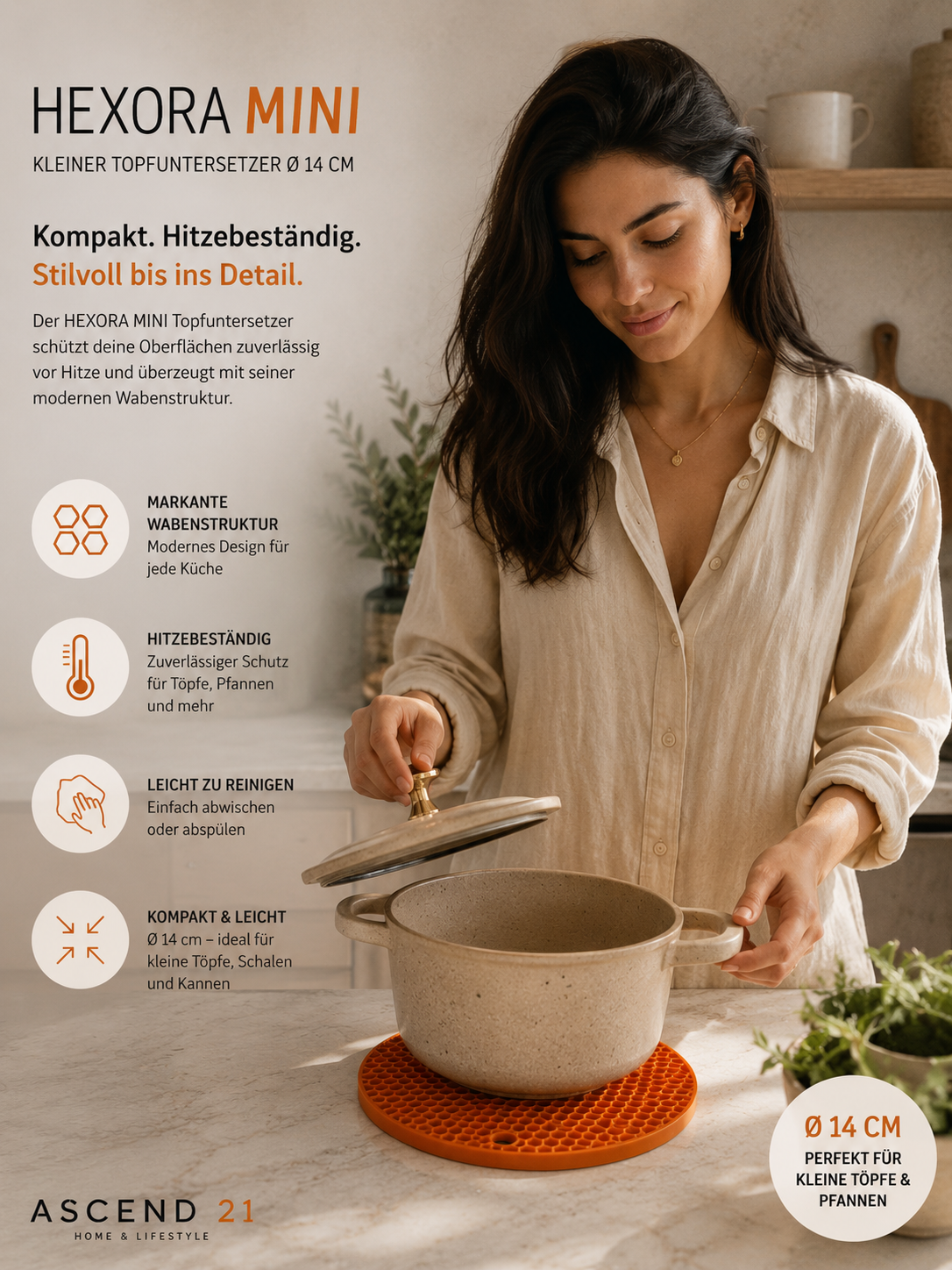 HEXORA MINI Topfuntersetzer Ø 14 cm – Hitzebeständiger Untersetzer mit Wabenstruktur – Rutschfester Küchenuntersetzer für Töpfe, Pfannen & Kannen – Kompakt, Modern & Pflegeleicht