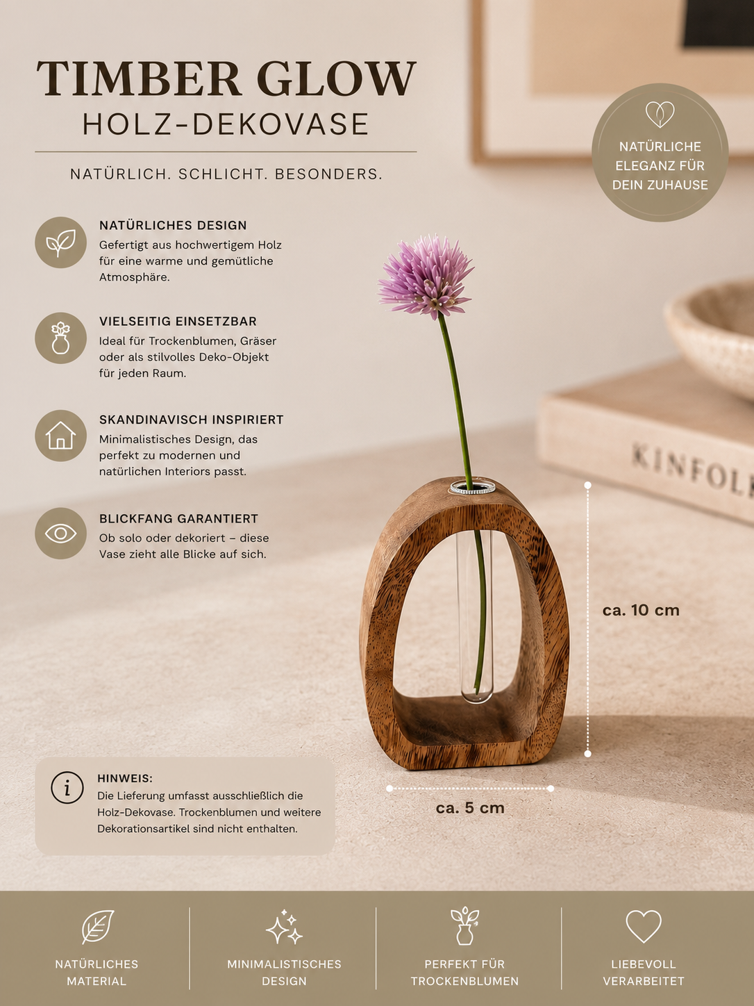 ASCEND 21 Timber Glow Holz-Dekovase – Moderne Vase aus Holz für Trockenblumen & Pampasgras, Skandinavische Deko für Wohnzimmer, Schlafzimmer & Esszimmer