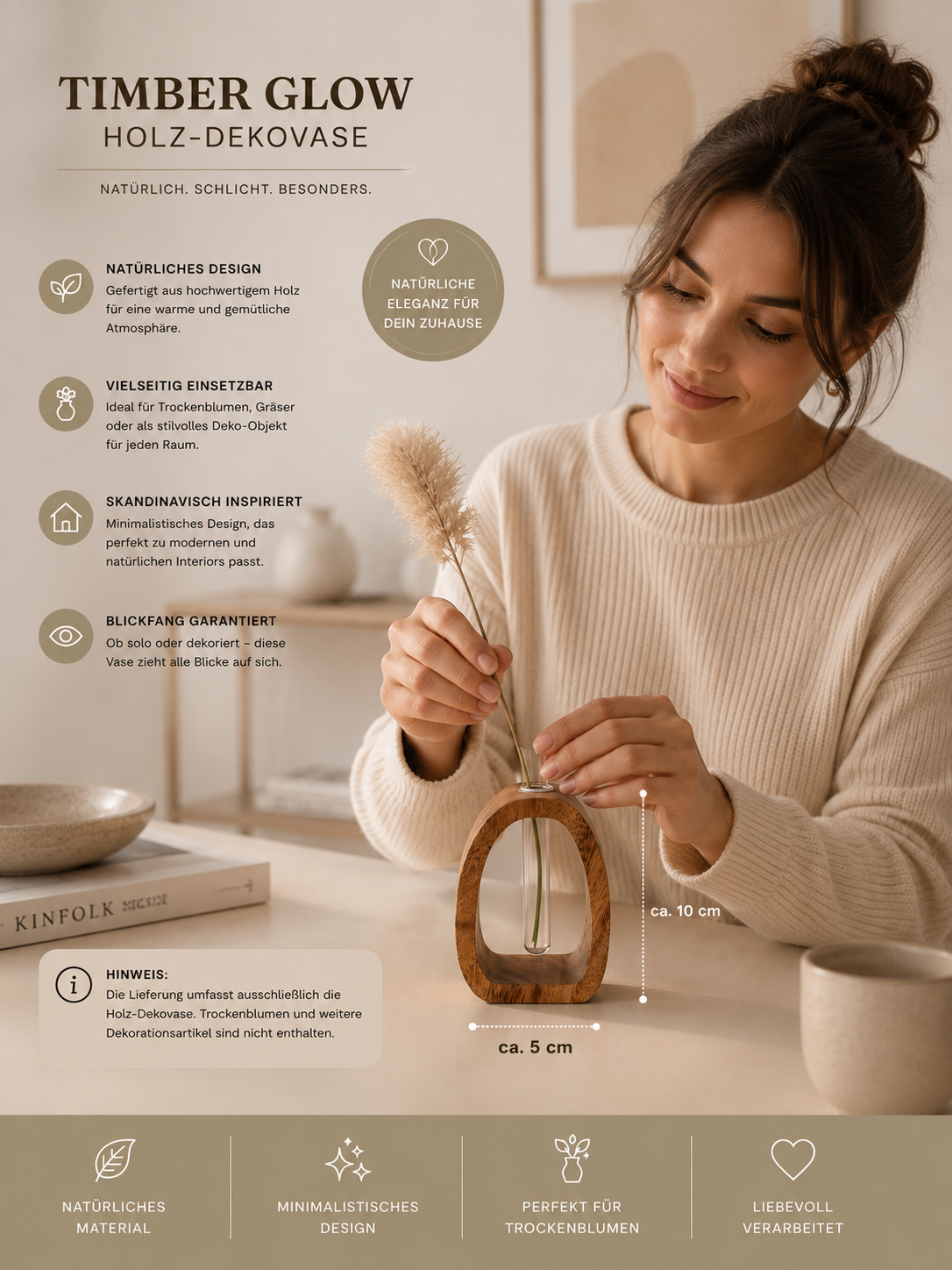 ASCEND 21 Timber Glow Holz-Dekovase – Moderne Vase aus Holz für Trockenblumen & Pampasgras, Skandinavische Deko für Wohnzimmer, Schlafzimmer & Esszimmer