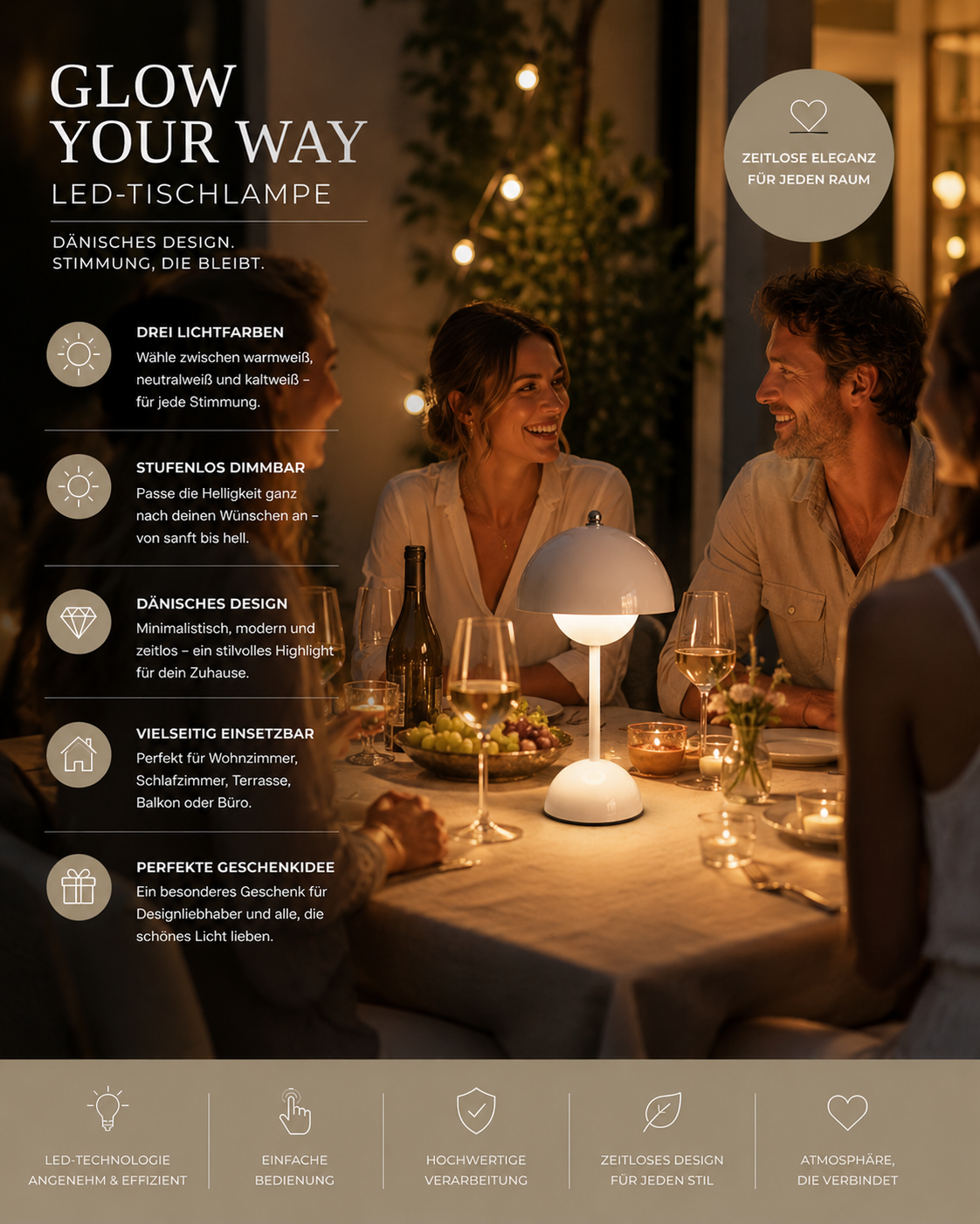ASCEND 21 Glow Your Way LED-Tischlampe – Moderne Tischleuchte im dänischen Design, 3 Lichtfarben & stufenlos dimmbar, Ambientelicht für Wohnzimmer, Schlafzimmer & Terrasse