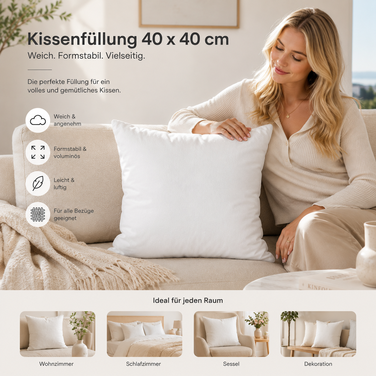 SoftCloud Basic Kissenfüllung 40x40 cm – Weiches Innenkissen für Dekokissen & Kissenbezüge – Formstabiles Sofakissen Inlett – Füllkissen für Couch, Bett & Wohnaccessoires