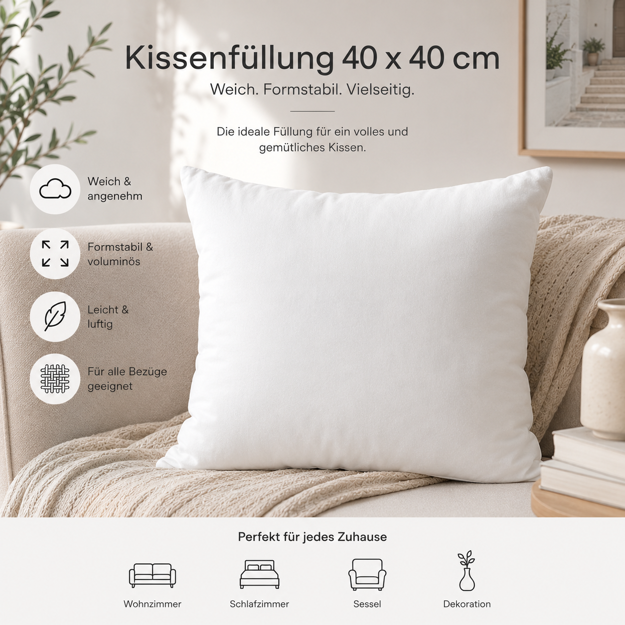 SoftCloud Basic Kissenfüllung 40x40 cm – Weiches Innenkissen für Dekokissen & Kissenbezüge – Formstabiles Sofakissen Inlett – Füllkissen für Couch, Bett & Wohnaccessoires