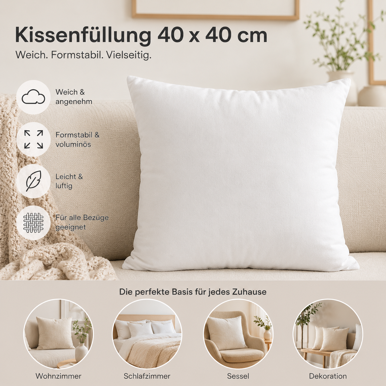 SoftCloud Basic Kissenfüllung 40x40 cm – Weiches Innenkissen für Dekokissen & Kissenbezüge – Formstabiles Sofakissen Inlett – Füllkissen für Couch, Bett & Wohnaccessoires