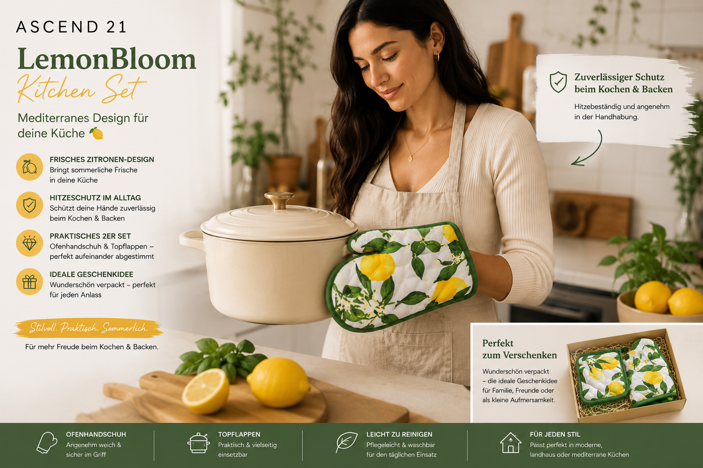 ASCEND 21 LemonBloom Kitchen Set – Ofenhandschuh & Topflappen 2er Set mit Zitronen Design – Mediterranes Küchen Zubehör zum Kochen & Backen – Dekoratives Küchen Set für Zuhause