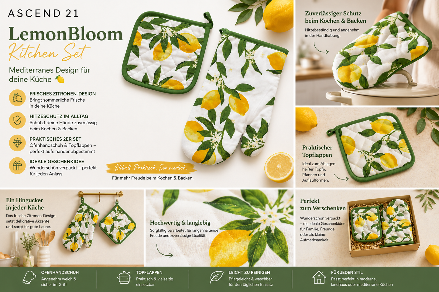 ASCEND 21 LemonBloom Kitchen Set – Ofenhandschuh & Topflappen 2er Set mit Zitronen Design – Mediterranes Küchen Zubehör zum Kochen & Backen – Dekoratives Küchen Set für Zuhause
