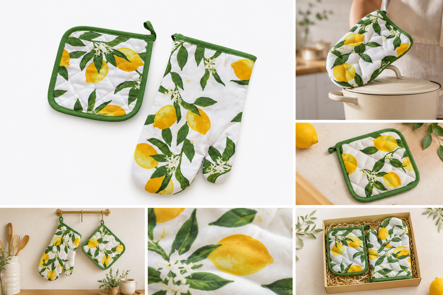 ASCEND 21 LemonBloom Kitchen Set – Ofenhandschuh & Topflappen 2er Set mit Zitronen Design – Mediterranes Küchen Zubehör zum Kochen & Backen – Dekoratives Küchen Set für Zuhause