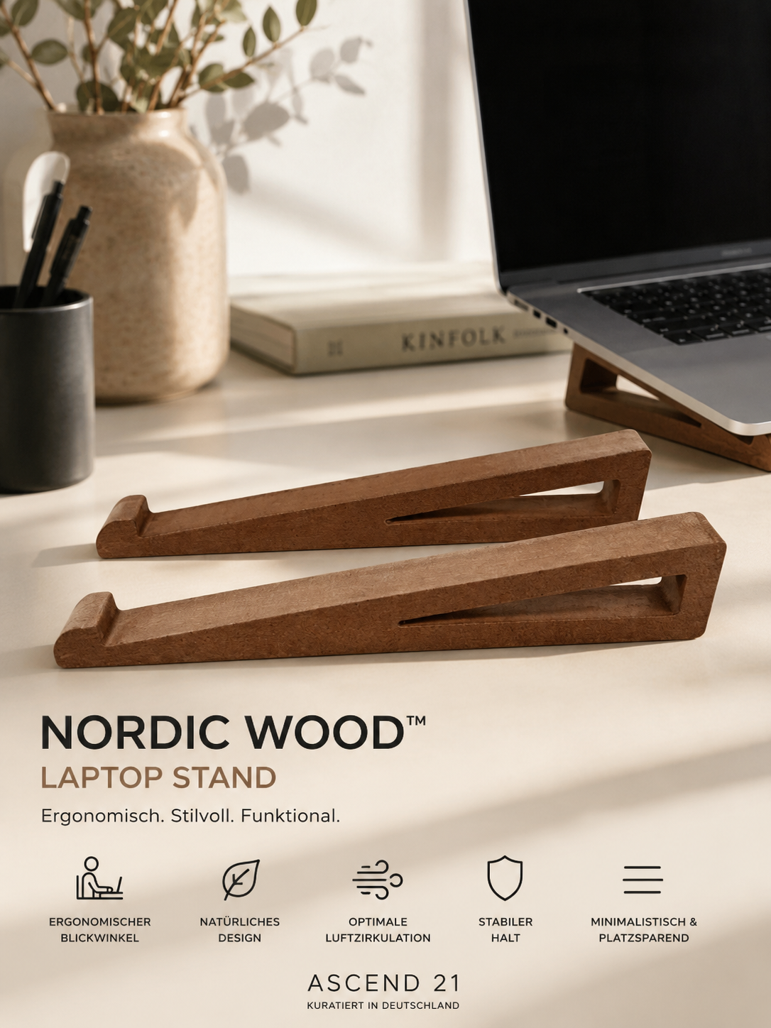 ASCEND 21 Nordic Wood™ Laptopständer aus Holz – Eleganter Notebook Halter für Schreibtisch & Home Office | Ergonomischer Laptop Stand mit natürlicher Holzoptik | Minimalistisches Design für Büro, Studium & Arbeitsplatz