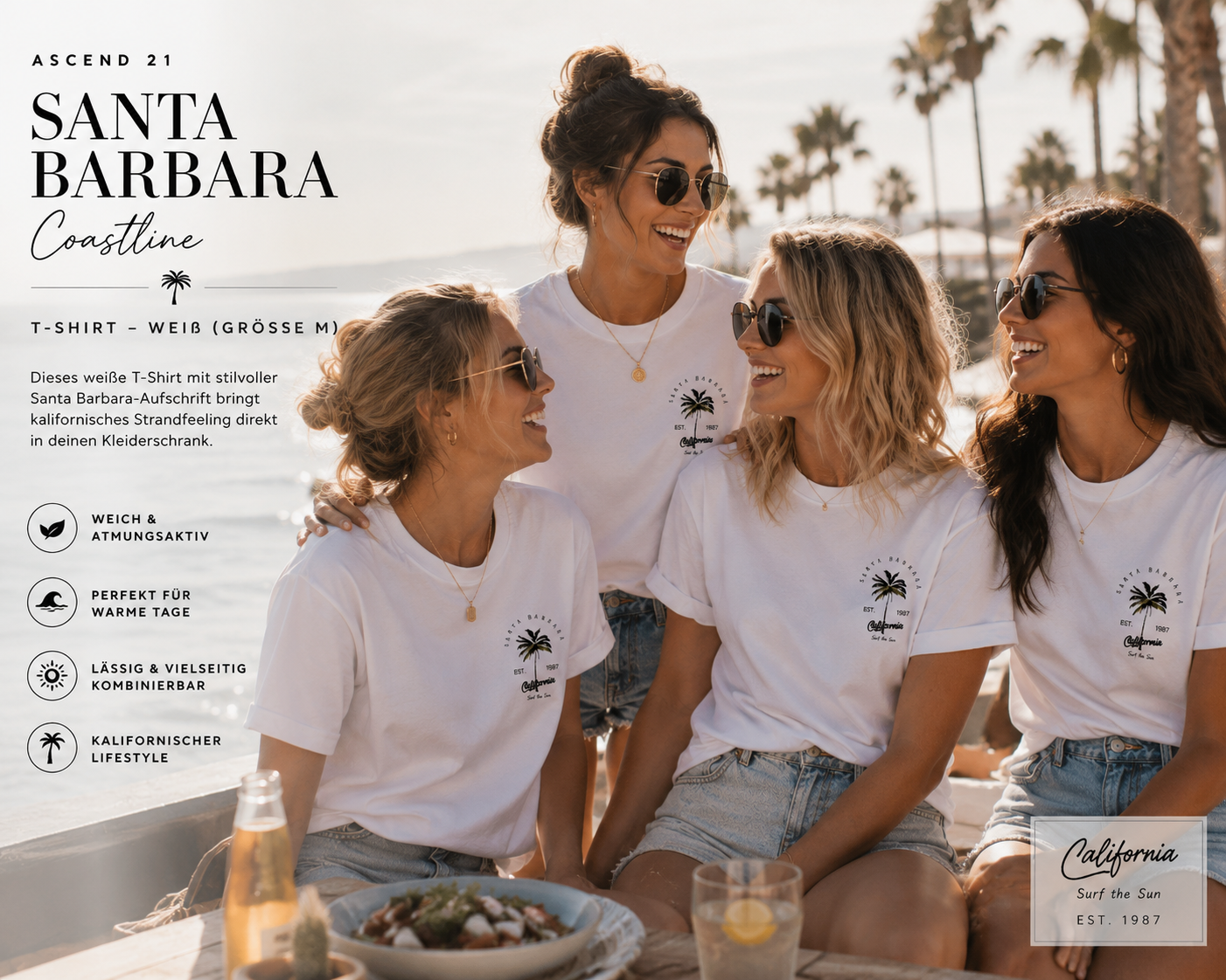 ASCEND 21 Santa Barbara Coastline T-Shirt Weiß – Damen & Herren Freizeitshirt Größe M | Minimalistisches Kurzarm-Shirt mit California Print | Casual Sommer Shirt für Alltag, Urlaub & Streetwear