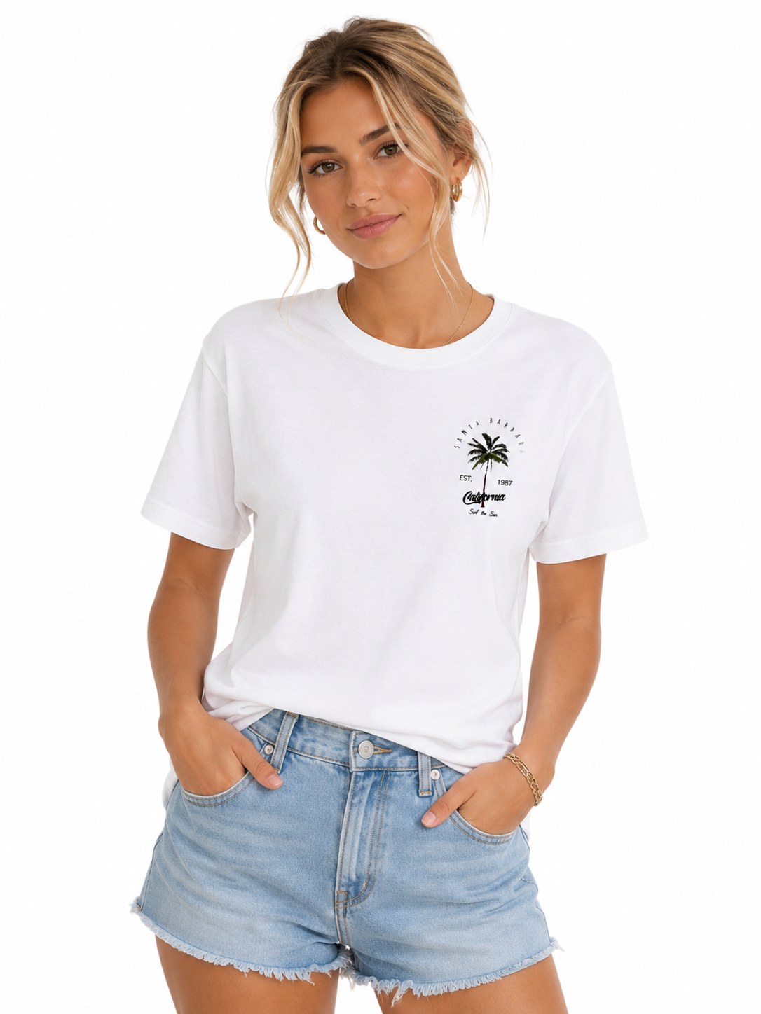 ASCEND 21 Santa Barbara Coastline T-Shirt Weiß – Damen & Herren Freizeitshirt Größe M | Minimalistisches Kurzarm-Shirt mit California Print | Casual Sommer Shirt für Alltag, Urlaub & Streetwear