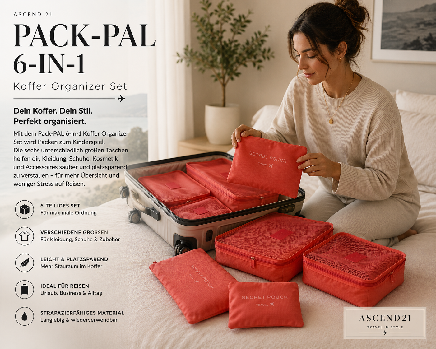 ASCEND 21 Pack-PAL 6-in-1 Koffer Organizer Set – Reise Packtaschen für Kleidung, Schuhe & Zubehör | Praktische Reiseorganizer Taschen für Koffer & Gepäck | Ordnungssystem für Urlaub & Reisen