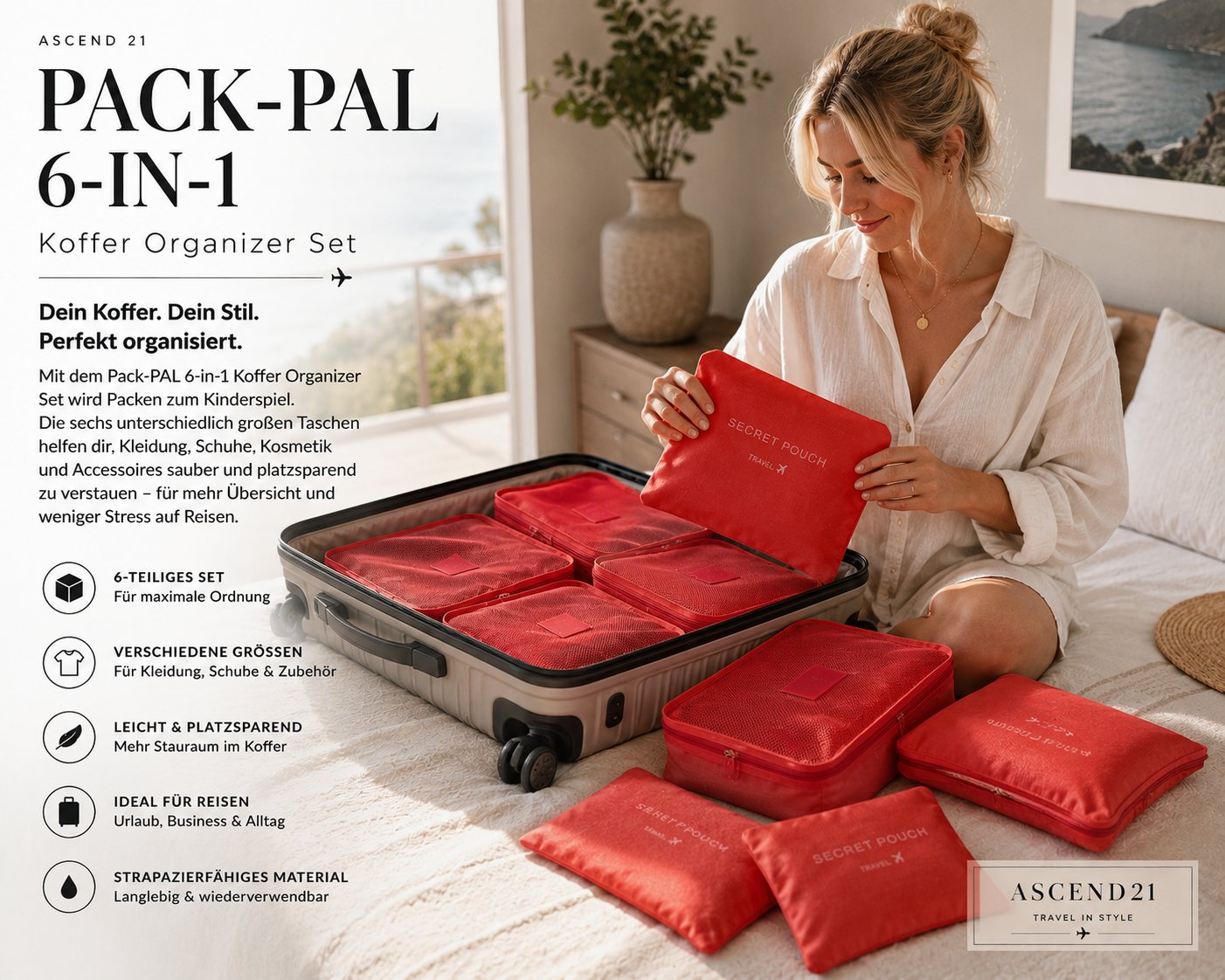 ASCEND 21 Pack-PAL 6-in-1 Koffer Organizer Set – Reise Packtaschen für Kleidung, Schuhe & Zubehör | Praktische Reiseorganizer Taschen für Koffer & Gepäck | Ordnungssystem für Urlaub & Reisen
