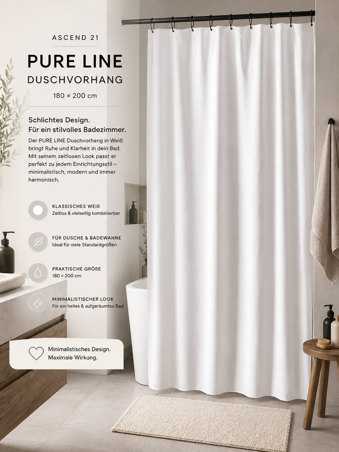 ASCEND 21 PURE LINE Duschvorhang Weiß 180 × 200 cm – Moderner Badezimmer Vorhang | Minimalistischer Badvorhang für Dusche & Badewanne | Schlichtes Design für Bad, Gäste-WC & Zuhause