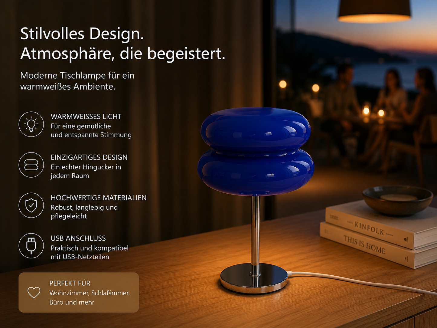Aurora Flame Blue Tischlampe aus Glas – Chromfuß & USB-Kabel – Retro Design