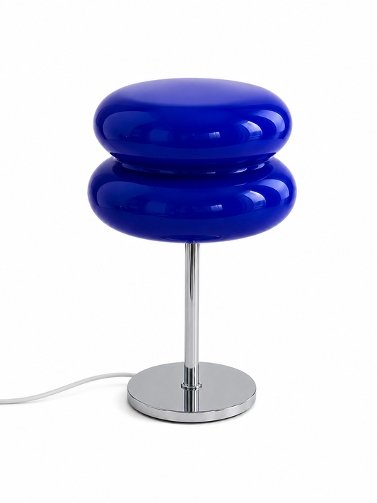 Aurora Flame Blue Tischlampe aus Glas – Chromfuß & USB-Kabel – Retro Design