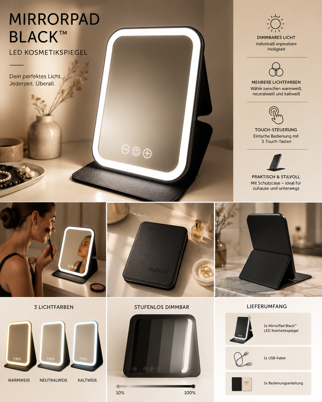 ASCEND 21 MirrorPad Black™ LED Kosmetikspiegel mit Licht – tragbarer Schminkspiegel im Tablet-Design | Make-up Spiegel mit einstellbarer Beleuchtung | kompakter Beauty Spiegel mit schwarzer Schutzhülle für Zuhause & Reisen