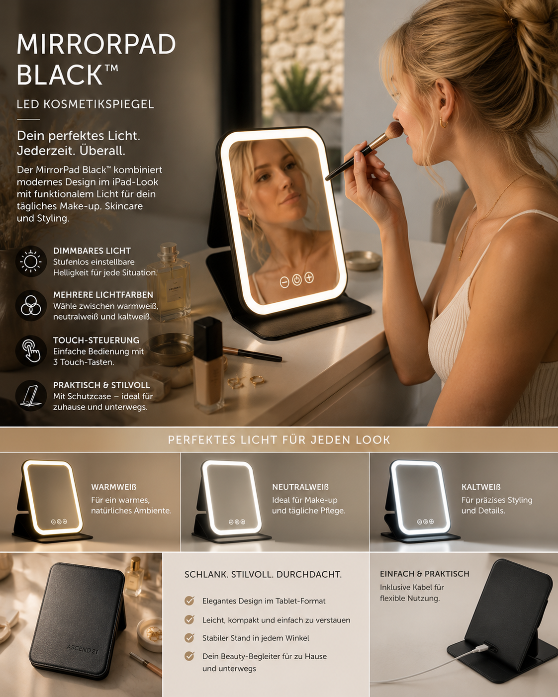 ASCEND 21 MirrorPad Black™ LED Kosmetikspiegel mit Licht – tragbarer Schminkspiegel im Tablet-Design | Make-up Spiegel mit einstellbarer Beleuchtung | kompakter Beauty Spiegel mit schwarzer Schutzhülle für Zuhause & Reisen