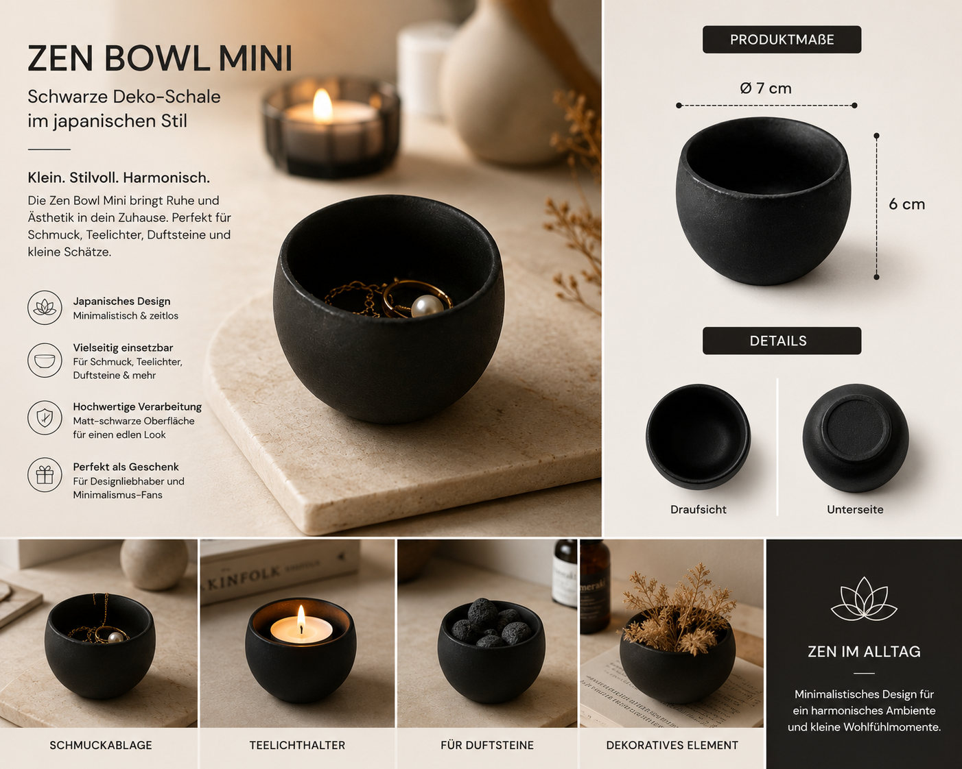 ASCEND 21 Zen Bowl Mini™ Schwarze Deko-Schale im japanischen Stil – kleine Design Schale für Schmuck, Teelichter & Dekoration | Minimalistische Japandi Ablage für Wohnzimmer, Bad & Schlafzimmer