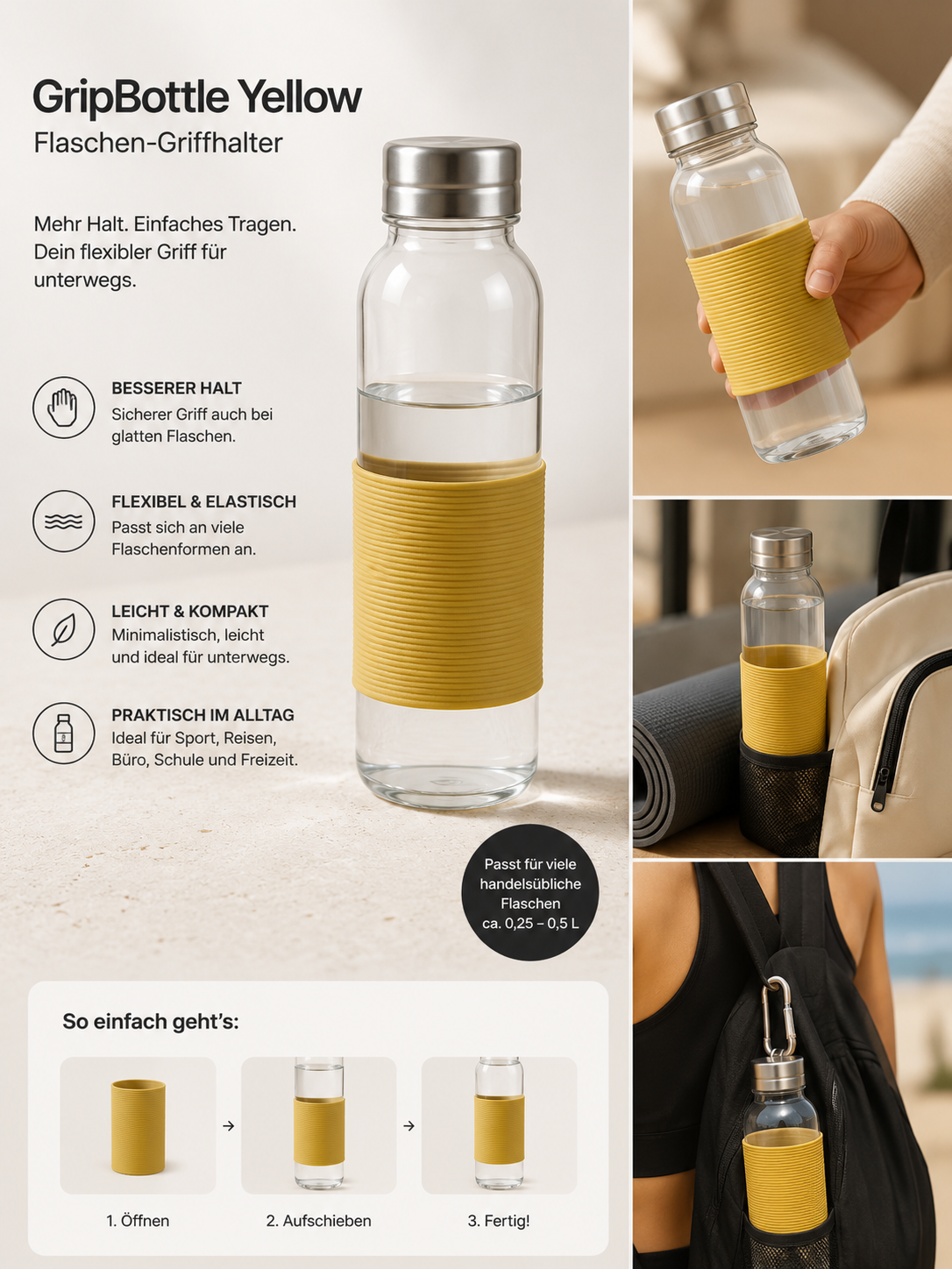 ASCEND 21 GripBottle Yellow™ Flaschen-Tragegriff aus flexiblem Silikon – Universeller Griffhalter für Trinkflaschen | Rutschfester Flaschenhalter für Wasserflaschen & Sportflaschen | Praktischer Flaschen-Griff Gelb