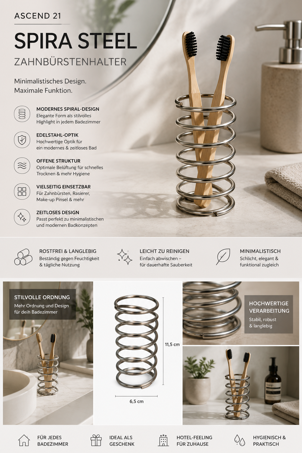 ASCEND 21 SPIRA STEEL Zahnbürstenhalter Edelstahl-Optik – Moderner Spiral Zahnbürstenständer fürs Badezimmer | Minimalistischer Bad Organizer für Zahnbürsten & Badaccessoires | Offenes Design für gute Belüftung
