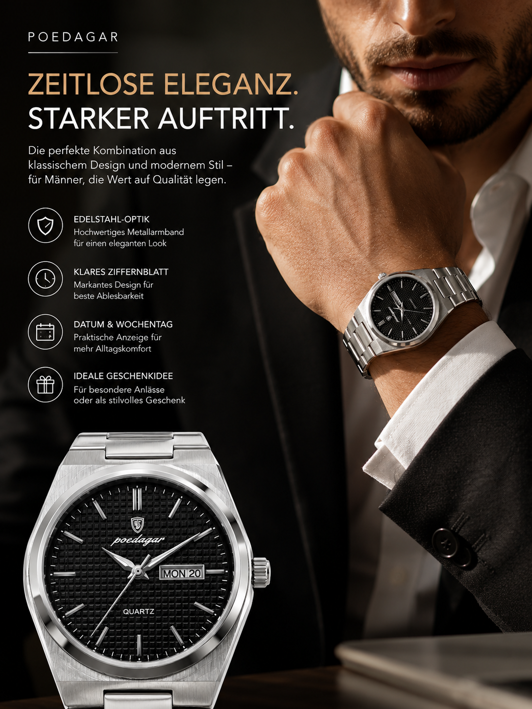 ASCEND 21 Poedagar Herren Armbanduhr – Elegante Uhr mit Edelstahl-Armband | Klassische Business Uhr für Männer | Zeitloses Design mit markantem Ziffernblatt | Modernes Herren Accessoire