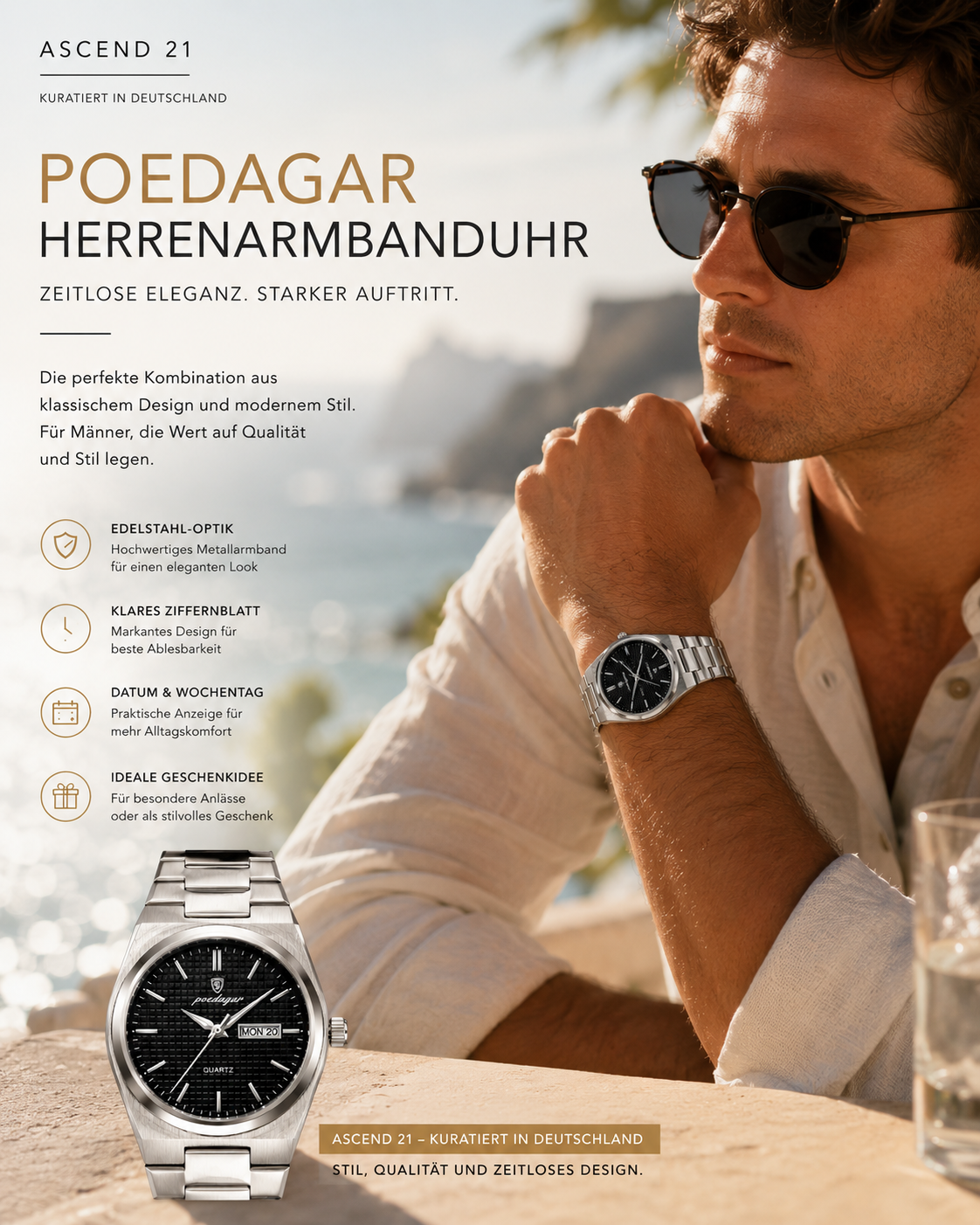 ASCEND 21 Poedagar Herren Armbanduhr – Elegante Uhr mit Edelstahl-Armband | Klassische Business Uhr für Männer | Zeitloses Design mit markantem Ziffernblatt | Modernes Herren Accessoire