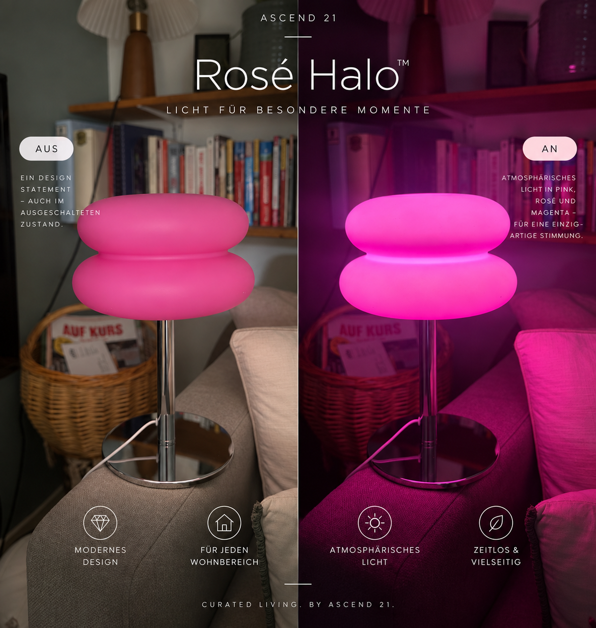 ASCEND 21 Rosé Halo™ – Pinke Design Tischlampe mit Doppel-Schirm & Chromfuß | Moderne Ambientebeleuchtung für Wohnzimmer & Schlafzimmer