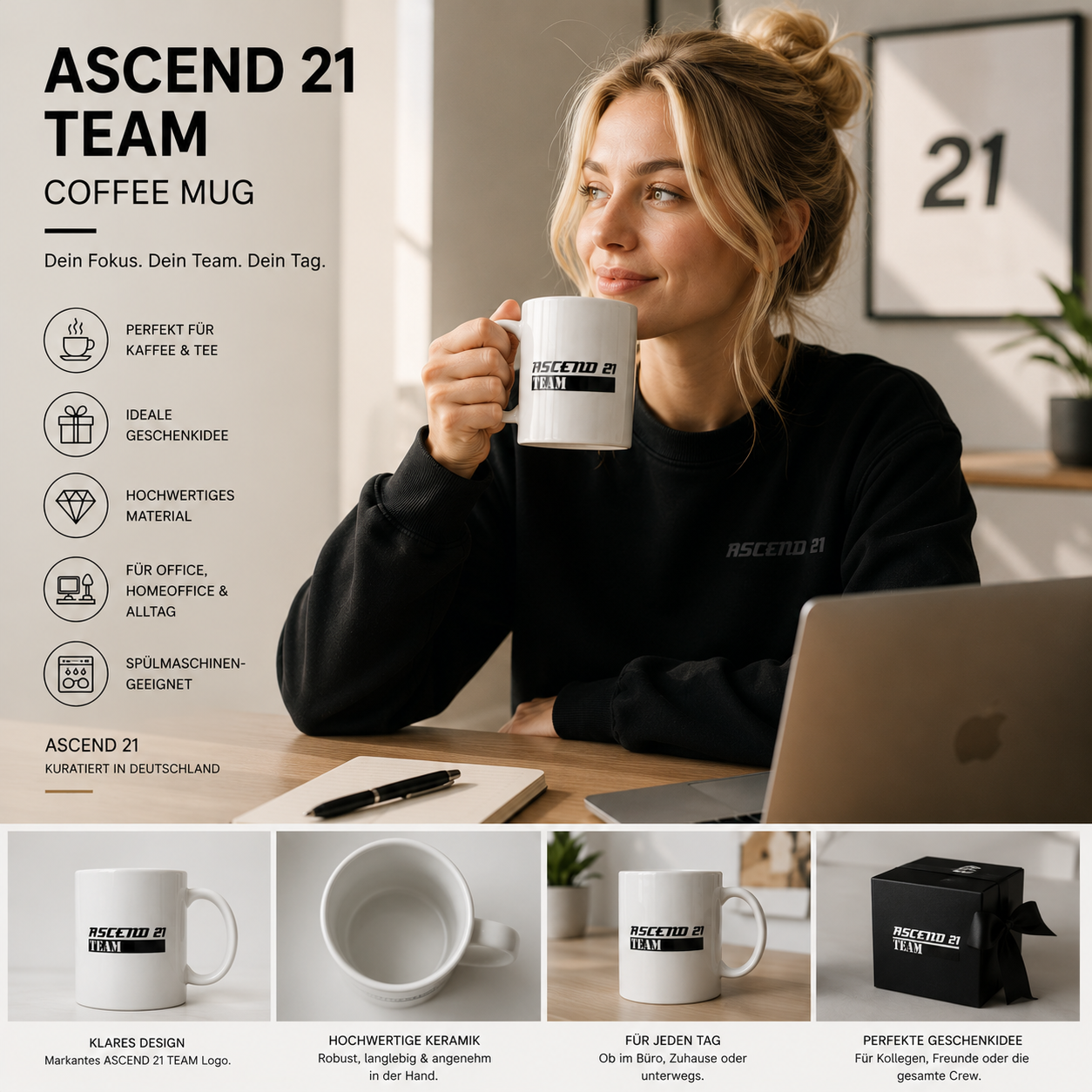 ASCEND 21 TEAM Coffee Mug – Keramik Kaffeetasse mit Logo Design | Moderner Becher für Kaffee & Tee | Bürotasse für Home Office, Arbeitsplatz & Alltag | Geschenkidee
