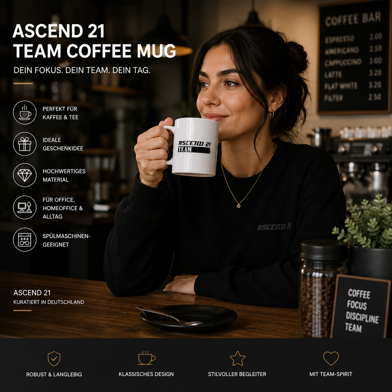 ASCEND 21 TEAM Coffee Mug – Keramik Kaffeetasse mit Logo Design | Moderner Becher für Kaffee & Tee | Bürotasse für Home Office, Arbeitsplatz & Alltag | Geschenkidee