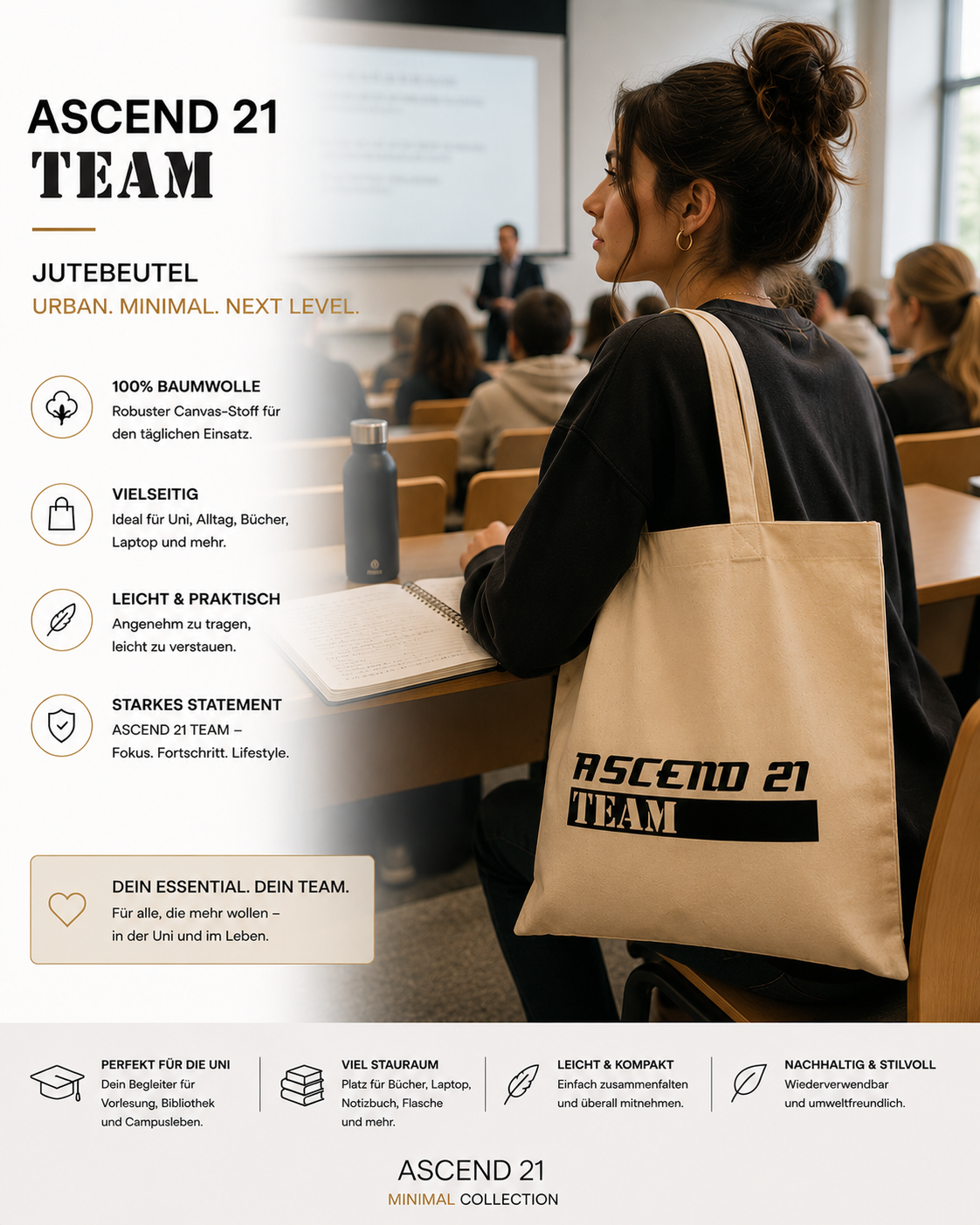 ASCEND 21 TEAM Jutebeutel – Urban Canvas Bag aus Baumwolle mit Statement-Print | Stoffbeutel & Shopper für Alltag, Uni, Gym & Reisen | leichte Tragetasche im minimalistischen Design