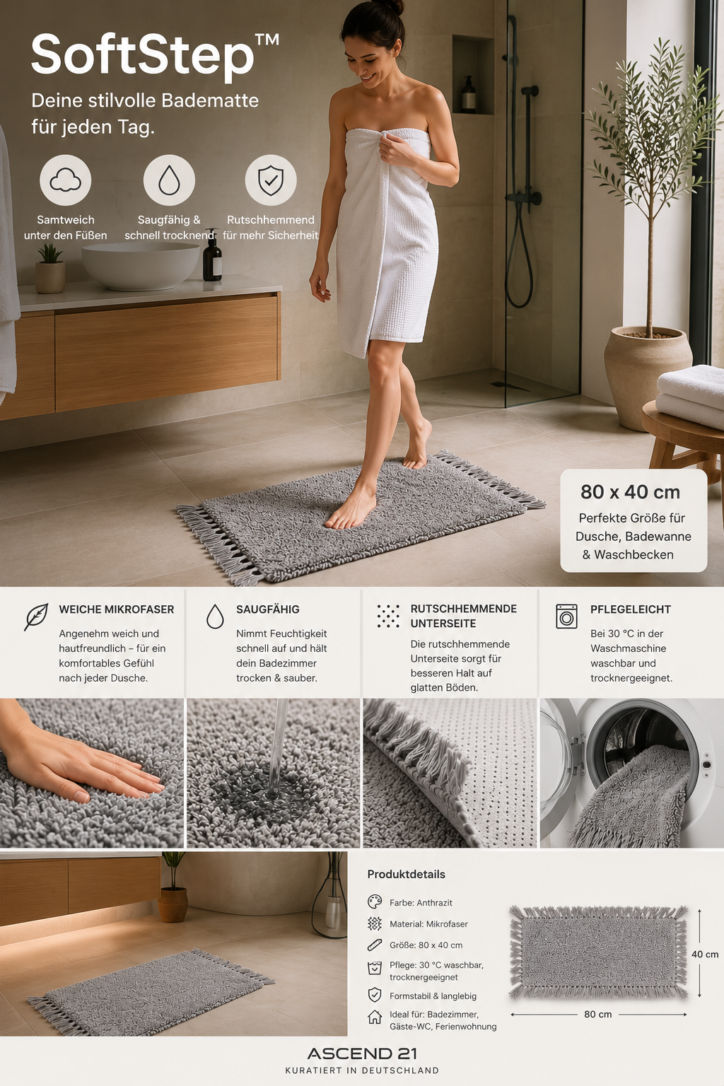 ASCEND 21 SoftStep™ Badematte Anthrazit – weicher Badvorleger aus Mikrofaser | saugfähig & schnell trocknend | rutschhemmende Unterseite | waschbare Badezimmermatte für Dusche, Bad & Gäste-WC