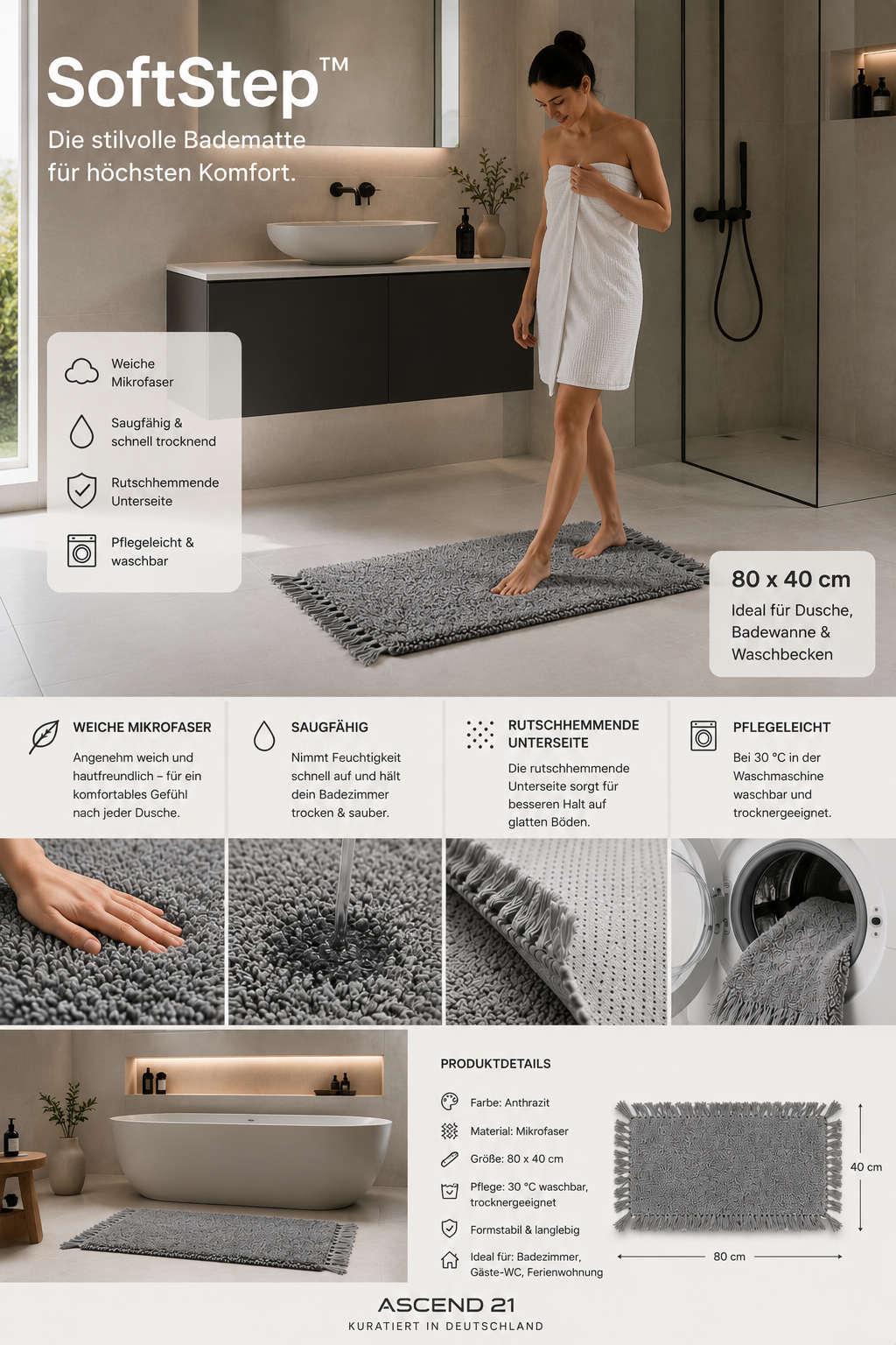 ASCEND 21 SoftStep™ Badematte Anthrazit – weicher Badvorleger aus Mikrofaser | saugfähig & schnell trocknend | rutschhemmende Unterseite | waschbare Badezimmermatte für Dusche, Bad & Gäste-WC