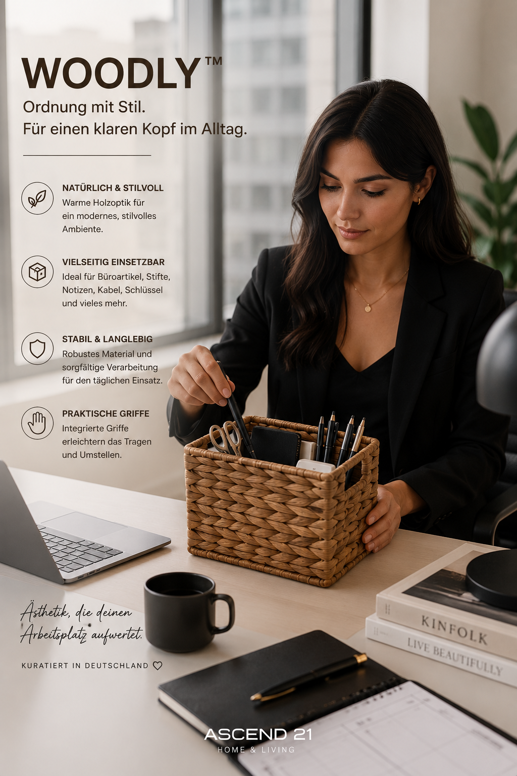 ASCEND 21 Woodly™ Tisch-Organizer Walnuss – Schreibtisch Organizer in Holzoptik | Aufbewahrungsbox für Stifte, Büro, Kosmetik & Accessoires | moderner Desktop Organizer für Homeoffice & Einrichtung