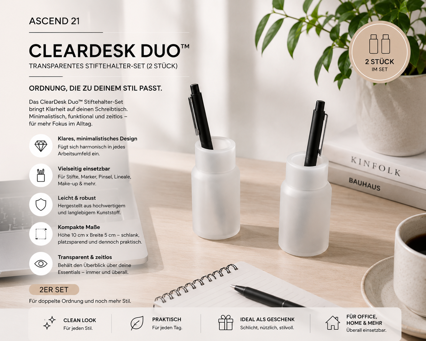 ASCEND 21 ClearDesk Duo™ Transparenter Stiftehalter 2er Set – Acryl Schreibtisch Organizer für Stifte, Pinsel & Make-up | Minimalistischer Büro Organizer | Klarer Stiftebecher für Homeoffice & Arbeitsplatz