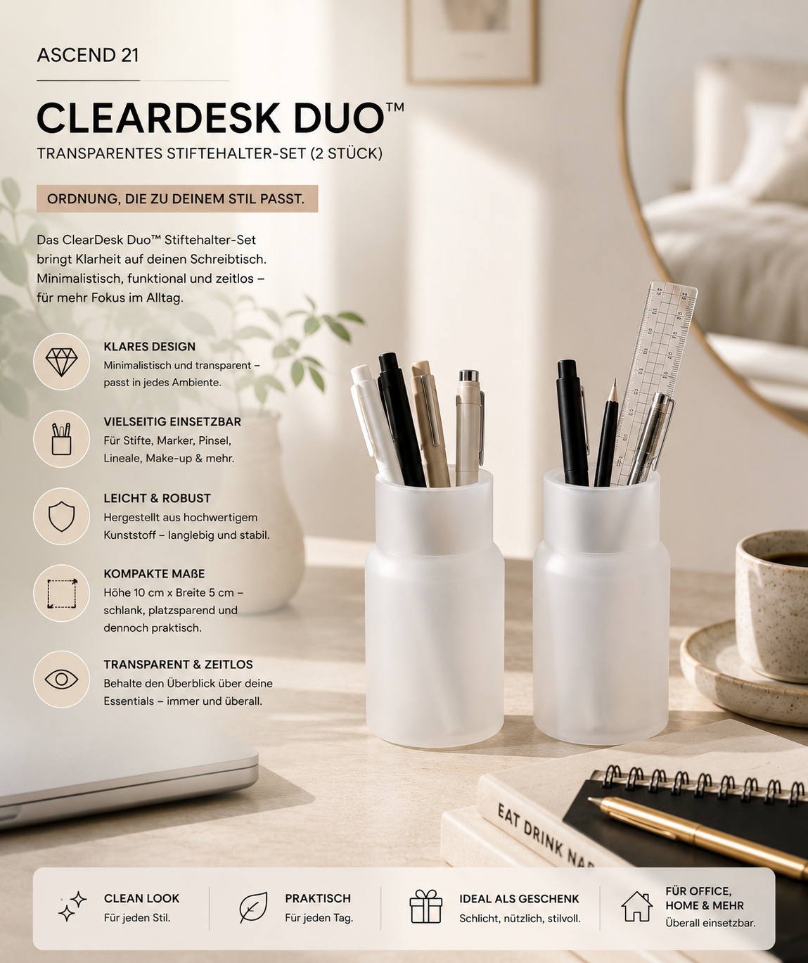 ASCEND 21 ClearDesk Duo™ Transparenter Stiftehalter 2er Set – Acryl Schreibtisch Organizer für Stifte, Pinsel & Make-up | Minimalistischer Büro Organizer | Klarer Stiftebecher für Homeoffice & Arbeitsplatz