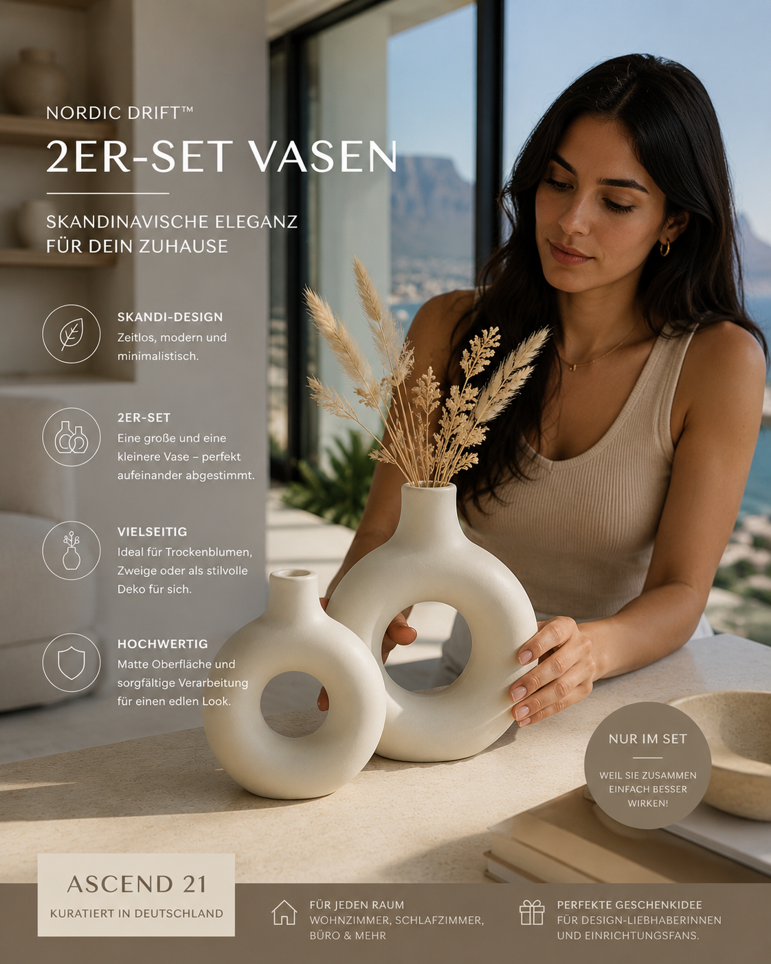 ASCEND 21 Nordic Drift™ Vasen 2er Set – Skandinavische Deko Vasen modern | Minimalistische Tischvasen mit matter Oberfläche | Keramik-Look für Wohnzimmer, Schlafzimmer & Interior Deko