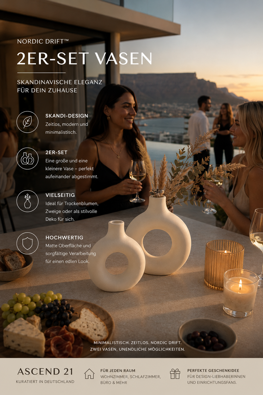 ASCEND 21 Nordic Drift™ Vasen 2er Set – Skandinavische Deko Vasen modern | Minimalistische Tischvasen mit matter Oberfläche | Keramik-Look für Wohnzimmer, Schlafzimmer & Interior Deko