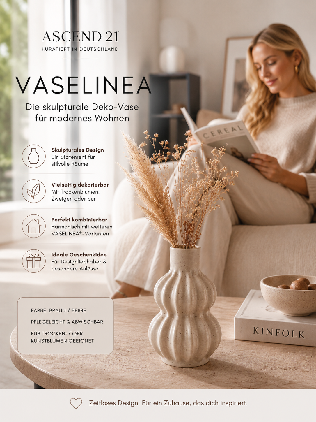 ASCEND 21 Vaselinea™ Deko Vase – Skulpturale Design Vase in Braun & Beige | Moderne Keramik-Optik für Wohnzimmer, Sideboard & Esstisch | Minimalistische Blumenvase für Trockenblumen & Interior Deko