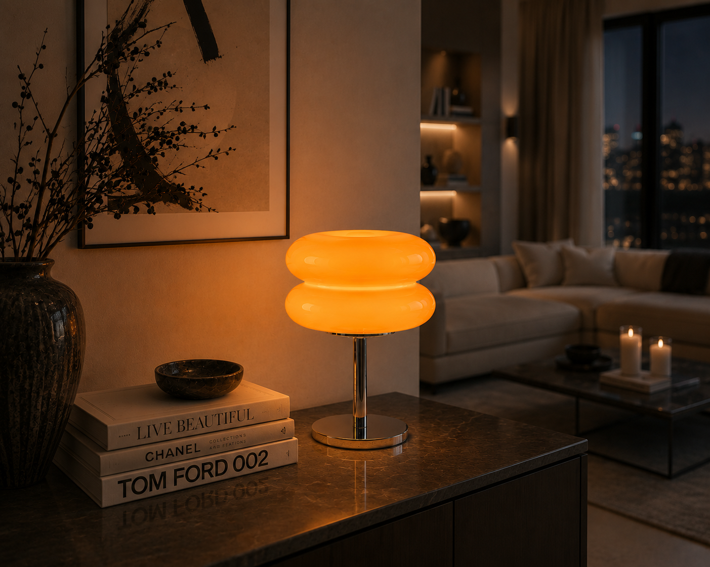 Aurora Flame - Tischlampe - Chromfuß & Kabel – Retro Look
