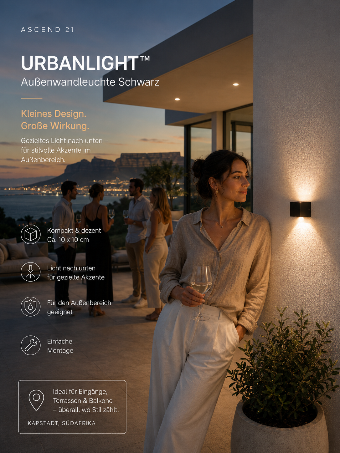 ASCEND 21 UrbanLight™ Außenwandlampe Schwarz – Moderne Wandleuchte für Balkon, Terrasse, Garten & Eingangsbereich | Zeitloses Outdoor-Design