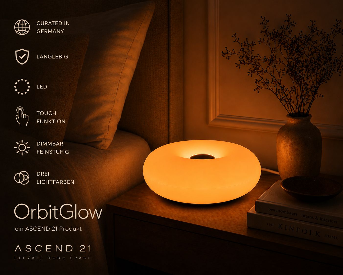 ASCEND 21 Orbit Glow Design LED Lampe Orange – Futuristische Tischlampe im Space-Age Stil – Modernes Ambientelicht für Wohnzimmer, Schlafzimmer & Homeoffice
