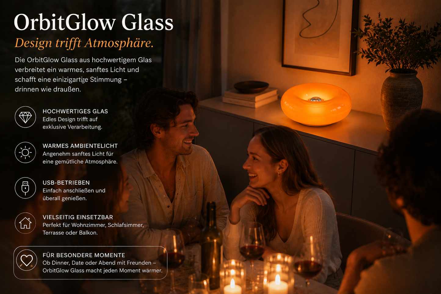 ASCEND 21 OrbitGlow Glass – Design LED Tischlampe aus Glas – Futuristische Space-Age Leuchte mit warmem Ambientelicht – USB-Lampe für Wohnzimmer, Schlafzimmer & Homeoffice