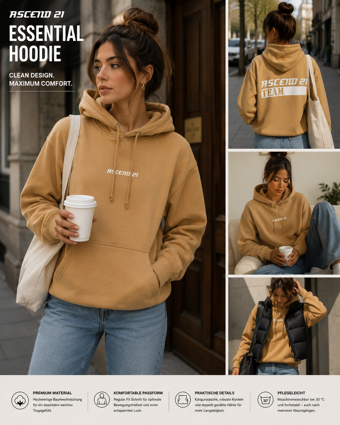 ASCEND 21 Essential Hoodie Herren & Damen – Premium Unisex Kapuzenpullover aus Baumwollmischung – Streetwear Hoodie mit Kängurutasche – Regular Fit – Sand/Camel