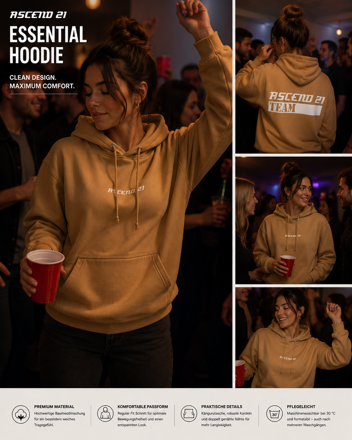 ASCEND 21 Essential Hoodie Herren & Damen – Premium Unisex Kapuzenpullover aus Baumwollmischung – Streetwear Hoodie mit Kängurutasche – Regular Fit – Sand/Camel